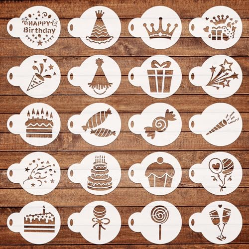 SRIZIAN Geburtstags-Keks-Schablonen, 20 Stück Kaffee-Schablonen, wiederverwendbare Backmalerei Journal Formwerkzeuge für Kekse Backmalerei Dessert Dekoration von SRIZIAN