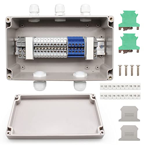 Abzweigdose Wasserdicht IP66, 200 x 120 x 76 mm, SRJQXH Durchgangsklemme 15-polig UK2.5B klemmen mit DIN-Schiene, Verteilerdose Aufputz 2 In 3 Out, fur Schaltschrank Außen Wasserdicht von SRJQXH