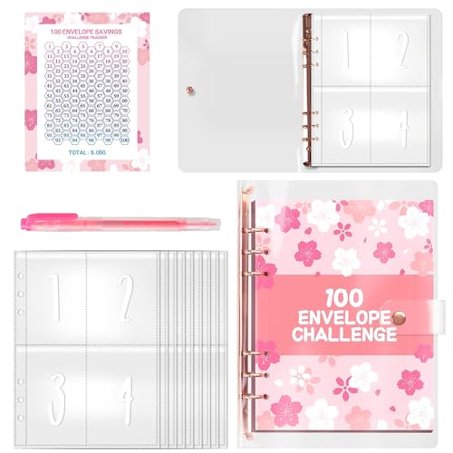 SRJQXH Sparmappe für Geld A5, 6-Loch-Loseblatt-Notizblock Geld Sparen Challenge, PVC Geldsparmappe, mit Stift und 100 Vornummerierten Hüllen für 100-Tage-Aufbewahrungs-Challenge SRJQXH Sparmappe für Geld A5, 6-Loch-Loseblatt-Notizblock Geld Sparen Challenge, PVC Geldsparmappe, mit Stift und 100 Vornummerierten Hüllen für 100-Tage-Aufbewahrungs-Challenge von SRJQXH