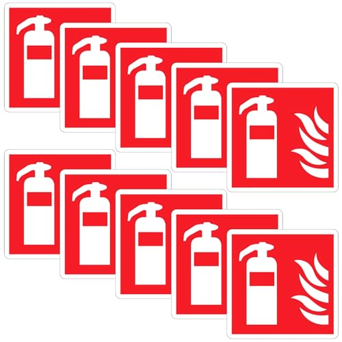 SRTSTR 10Stk Feuerlöscher Schild 10x10cm Selbstklebend Brandschutzzeichen PVC Feuerlöscher Aufkleber Wasserdicht und Verschleißfest Brandschutzschild für Haus, Büro, Baustelle und Auto von SRTSTR