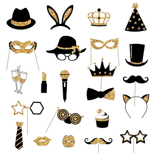 SRTSTR 24 Stück Foto Requisiten Geburtstag Fotobox Accessoires Geburtstag Fotoautomat Requisiten mit Hut, Lippenstift,Krawatte,Kronen für Hochzeit Geburtstag Abschlussball Neujahr Party(Schwarzgold) SRTSTR 24 Stück Foto Requisiten Geburtstag Fotobox Accessoires Geburtstag Fotoautomat Requisiten mit Hut, Lippenstift,Krawatte,Kronen für Hochzeit Geburtstag Abschlussball Neujahr Party(Schwarzgold) von SRTSTR
