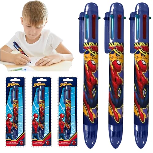 Spiderman 6-in-1 einziehbarer Kugelschreiber, mehrfarbiger Tintenstift, 0,5 mm feine Spitze, glattes Schreiben, Schulbedarf für Kinder und Superhelden-Fans, 3 Stück von SRV Hub