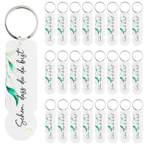 SRunDe 25 Stück Acryl Einkaufswagenchip Schlüsselanhänger Schön dass du da bist Einkaufschip Abziehbar Wagenlöser Sublimation Weiß für Hochzeiten Abschluss Ruhestand Taufe Geburtstag Gastgeschenke von SRunDe