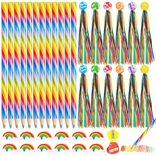 SRunDe 38 Stück Schreibwaren Set Regenbogen mit 12 Regenbogenstift 12 Regenbogen Radiergummi Kinder 12 Hüpfbälle mit Schweif 2 Bleistiftspitzer Buntstifte Farbstifte Geschenk Kindergeburtstag von SRunDe