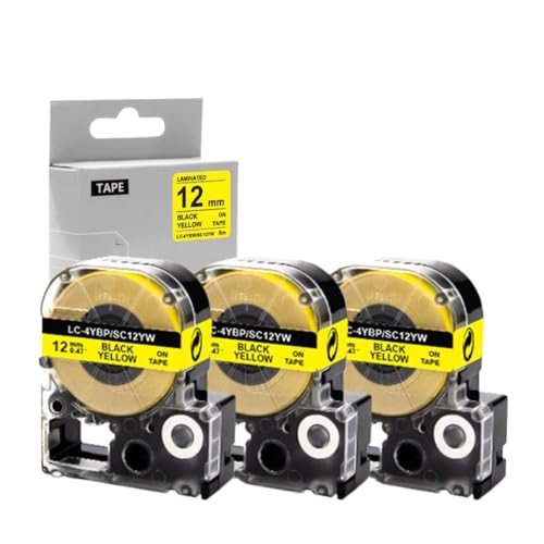 3pk 12mm SC12YW kompatibles Etikettband Kompatibel mit LK-4YBP Schwarz auf gelbem Druckerband funktioniert mit LW-700-Etikettenhersteller von SRxBKC