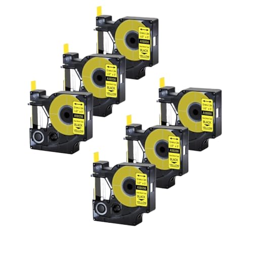 6 Pack schwarz auf weißer Hitze Schrumpfrohrbezeichnungen mit Etikettenherstellern 6 mm bis 24 mm Breiten kompatibel(12mm Black on Yellow) von SRxBKC