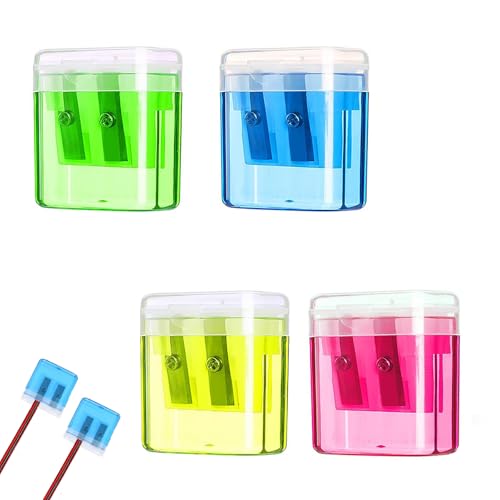4 Stück Spitzer Mit Dose, Anspitzer Mit Behälter, Bleistiftspitzer, Dosenspitzer, Doppelloch-Bleistiftspitzer, für Schule Büro(Grün/Gelb/Blau/Rosa) von SSHUIKKAI