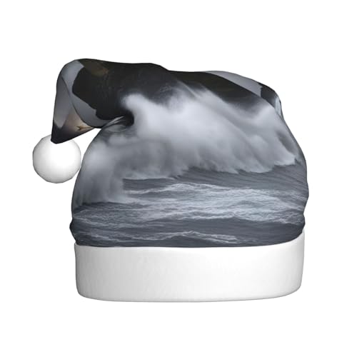 SSIMOO Flauschige Weihnachtsmütze für Erwachsene, Motiv: Leuchtturm im Sturm, festliche Dekoration, Kopfbedeckung für Partys und Feiertage von SSIMOO