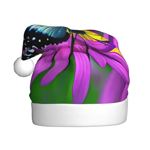 SSIMOO Flauschige Weihnachtsmütze für Erwachsene, Motiv: Schmetterling auf Gänseblümchen, festliche Dekoration, Kopfbedeckung für Partys und Feiertage von SSIMOO