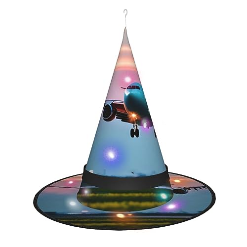 SSIMOO Halloween-Hexenhut für Damen, Motiv: Flugzeug in den Abendlichtern, LED-Beleuchtung, ideal für Partys und Rollenspiele von SSIMOO