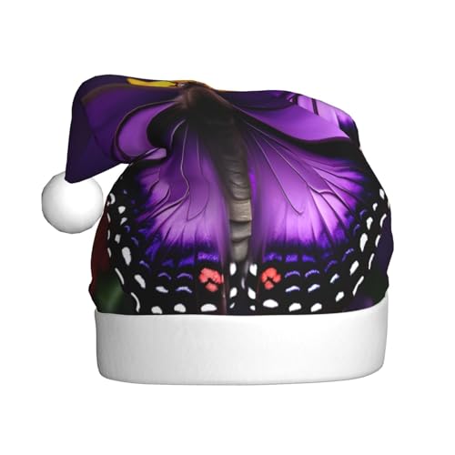 SSIMOO Lila Schmetterling und Blume Plüsch Weihnachtsmütze für Erwachsene, festlicher Partyhut, ideales Partyzubehör für Versammlungen von SSIMOO