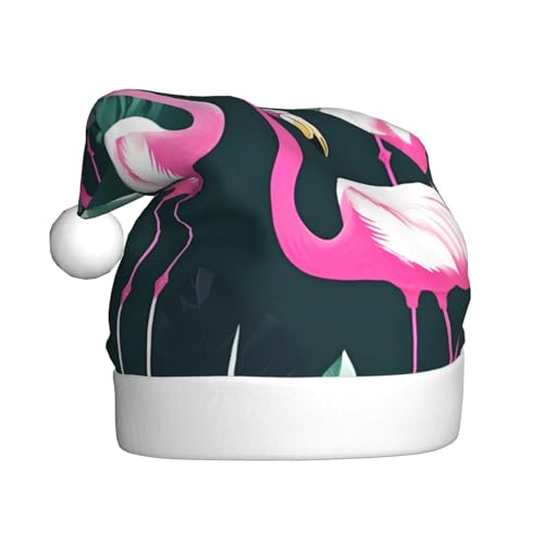 SSIMOO Rosa Flamingo und Blätter Plüsch Weihnachtsmütze für Erwachsene, festlicher Partyhut, ideales Partyzubehör für Versammlungen von SSIMOO