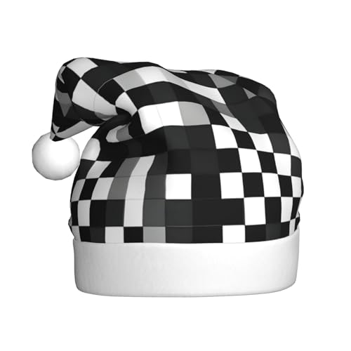 SSIMOO Weihnachtsmütze mit schwarz-weißem Formel-kariertem Muster für Erwachsene, festlicher Partyhut, ideales Partyzubehör für Versammlungen von SSIMOO