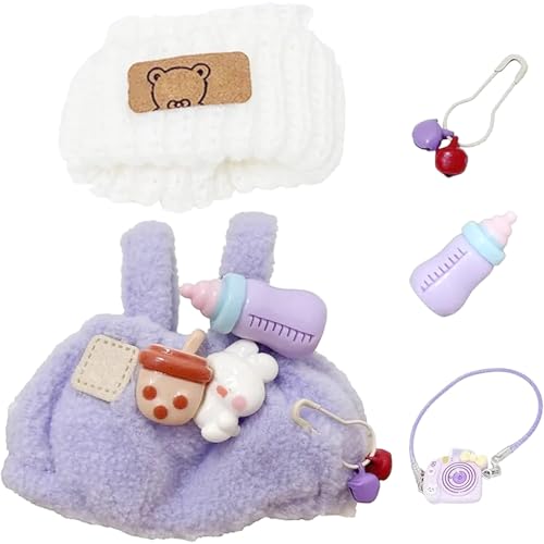 SSKHE 3 Stück Outfit Set für 17cm Labubu Puppen, enthält Hut + Pullover + Kamera Zubehör, niedliche Plüsch Kleidung Zubehör, Keine Puppe enthalten, geeignet für 17cm Puppe (Violett) von SSKHE