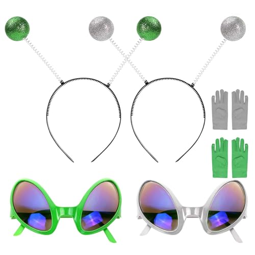 SSKHE 6-teiliges Alien Kostüm Set: Alien Brille, Handschuhe, Antennen, Stirnbänder, Kostüme - Grün, Silber - Science Fiction, Retro - COSTUME_EYEWEAR von SSKHE