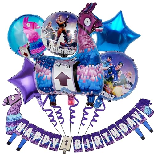 SSKHE 6 x Videospiel-Folienballons, Cartoon, 1 x großes Happy Birthday-Banner, Spiel-Themenparty-Dekorationen, Geburtstagsparty-Zubehör für Geburtstagsparty-Dekoration von SSKHE