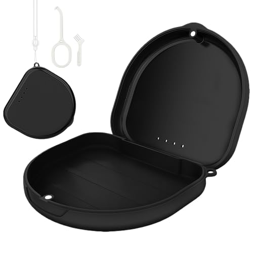 SSKHE Box für Zahnspangen mit Bürste, Werkzeug, Entfernung, kompakte Zahnrinne, kompatibel mit Invisalign, für Erwachsene, Magnetverschluss, Belüftung, Handgelenkschlaufe, Reise (schwarz) von SSKHE