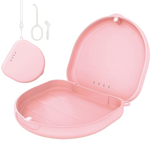 SSKHE Box für Zahnspangen mit Bürste, Werkzeug zum Entfernen, kompakte Zahnrinne, kompatibel mit Invisalign, für Erwachsene, Magnetverschluss, Belüftung, Handgelenkschlaufe, Reise (Rosa) von SSKHE