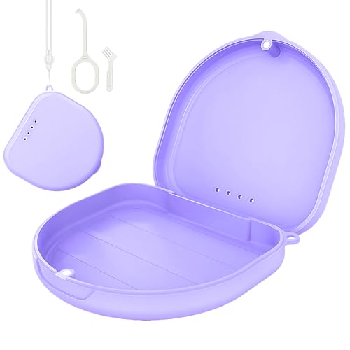 SSKHE Box für Zahnspangen mit Bürste, Werkzeug zum Entfernen, kompakte Zahnrinne, kompatibel mit Invisalign, für Erwachsene, Magnetverschluss, Belüftung, Handgelenkschlaufe, Reise (Violett) von SSKHE
