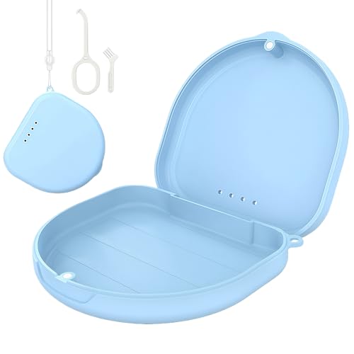 SSKHE Box für Zahnspangen mit Bürste, Werkzeug zum Entfernen, kompakte Zahnrinne, kompatibel mit Invisalign, für Erwachsene, Magnetverschluss, Belüftung, Handgelenkschlaufe, Reise (blau) von SSKHE