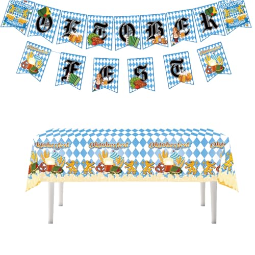 SSKHE Oktoberfest Decor Set – 220x130cm Bavarian Blue White Diamond Oilcloth Tablecloth + 15pcs 16x20cm Bunting Flags – Traditional Wiesn Design for Beer Tents, Parties & Festivals von SSKHE