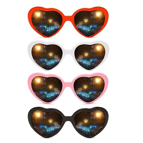 SSRDFU Herzbrille Effekt - 3D Heart Glasses Beugungsbrille Herzförmige Sonnenbrille, Lustige Brillen für Fasching Musikfestivals Party Bar Feuerwerk Musik im Freien Party Bar Nachtclub(4 PCS) von SSRDFU