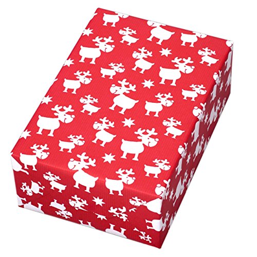 Geschenkpapier Rolle 50 cm x 50 m, Motiv Blögg, Elche in weiß auf rotem, geripptem Fond. Rote Rückseite. Für Weihnachten, Geburtstag, Kinder. Weihnachtsgeschenkpapier von SSX