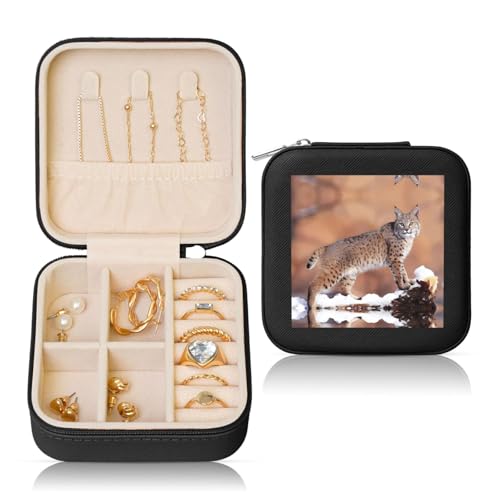 Schwarze quadratische Leder-Schmuckschatulle – tragbare Aufbewahrungsbox mit Kanada-Luchs-Aufdruck für Ringe, Ohrringe, Halsketten und Armbänder Schwarze quadratische Leder-Schmuckschatulle – tragbare Aufbewahrungsbox mit Kanada-Luchs-Aufdruck für Ringe, Ohrringe, Halsketten und Armbänder von SSYGHT