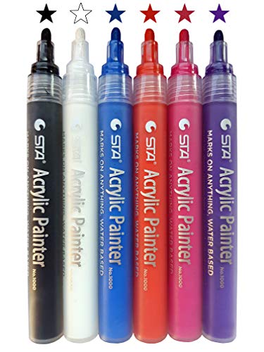 Acrylstifte Marker 6 Farben, permanent wasserfest, Filzstift Folienstift Acrylic Painter für Holz DIY-Handwerk Glas Metall Stein Keramik Papier Stoff Fotoalbum Geschenk Garten (Basic Set) von STA