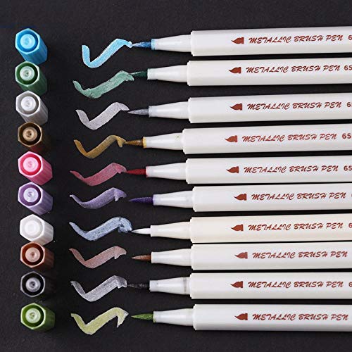 Metallic Stifte Set Pinselspitze Fineliner, 10 Metallische Farben Color Marker Brush Pens Fotoalbum Hochzeit Steine Schwarze Seiten Keramik Holz Leinwand Acrylfarben Handlettering Pinselstift von STA