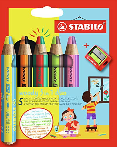 Duo Buntstift, Wasserfarbe und Wachsmalkreide - STABILO woody 3 in 1 duo - zweifarbige Mine - 5er Pack mit Spitzer - mit 5 Stiften und 10 verschiedenen Farben von STABILO