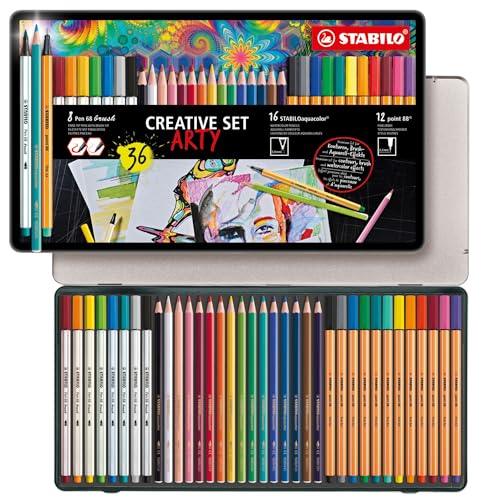 STABILO Premium-Filzstift mit flexibler Pinselspitze Pen 68 brush, Fineliner point 88 und Aquarell-Buntstift STABILOaquacolor ARTY Creative Set STABILO Premium-Filzstift mit flexibler Pinselspitze Pen 68 brush, Fineliner point 88 und Aquarell-Buntstift STABILOaquacolor ARTY Creative Set von STABILO