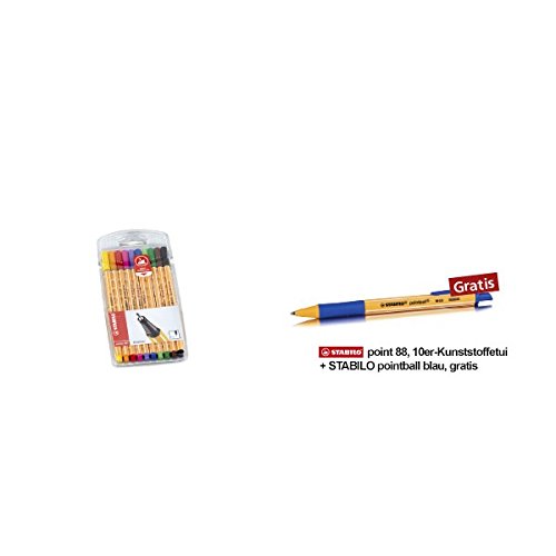 Fineliner - STABILO point 88 - 10er Pack - Standardfarben & Gratis Druck-Kugelschreiber - STABILO pointball - blau von STABILO