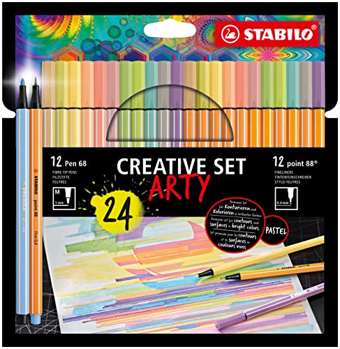 Fineliner & Premium-Filzstifte - STABILO point 88 & Pen 68 - ARTY - 24er Pack - in Pastellfarben - 12x point 88 in 12 Farben, 12x Pen 68 in 12 Farben von STABILO