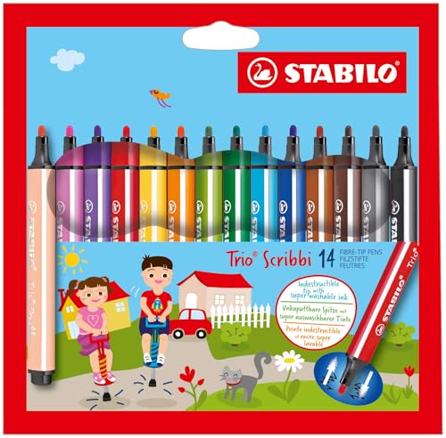 Gefederter Dreikant-Filzstift - STABILO Trio Scribbi - 14er Pack - mit 14 verschiedenen Farben von STABILO