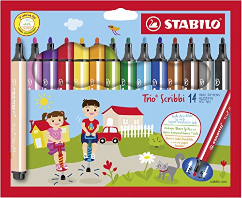 Gefederter Dreikant-Filzstift - STABILO Trio Scribbi - 14er Pack - mit 14 verschiedenen Farben von STABILO