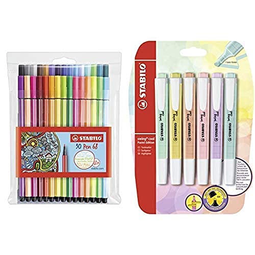 Premium-Filzstift - STABILO Pen 68 - 30er Pack - mit verschiedenen Farben inklusive 6 Neonfarben und Textmarker - STABILO swing cool Pastel Edition - 6er Pack - 6 Farben von STABILO