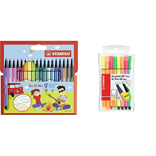 Stifte-Set STABILO Premium-Filzstift - Pen 68 Mini - 18er Pack & Fineliner & Filzstifte - point 88 Mini & Pen 68 Mini - 8er Pack - Neonfarben von STABILO