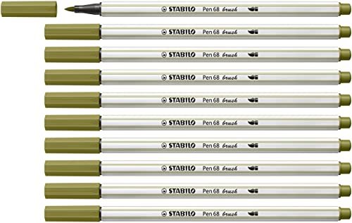 Premium-Filzstift mit Pinselspitze für variable Strichstärken - STABILO Pen 68 brush - 10er Pack - schlammgrün von STABILO