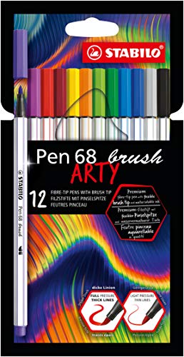 Premium-Filzstift mit Pinselspitze für variable Strichstärken - STABILO Pen 68 brush - ARTY - 12er Pack - mit 12 verschiedenen Farben von STABILO
