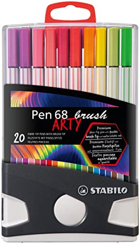 Premium-Filzstift mit Pinselspitze für variable Strichstärken - STABILO Pen 68 brush ColorParade - ARTY - 20er Tischset - mit 20 verschiedenen Farben von STABILO