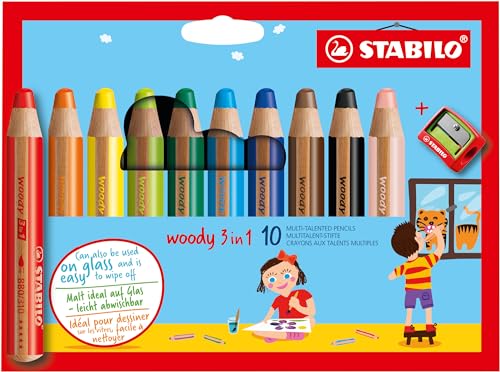 STABILO - Buntstift, Wasserfarbe & Wachsmalkreide - woody 3 in 1-10er Pack mit Spitzer - mit 10 verschiedenen Farben von STABILO