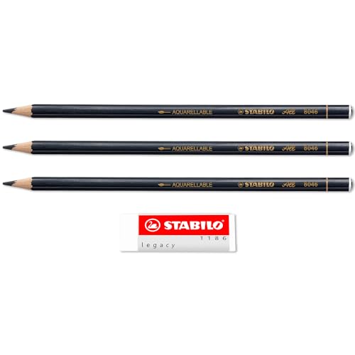 STABILO Buntstift für fast alle Oberflächen alle - 4er Pack - 3 x schwarz + Legacy Radiergummi von STABILO