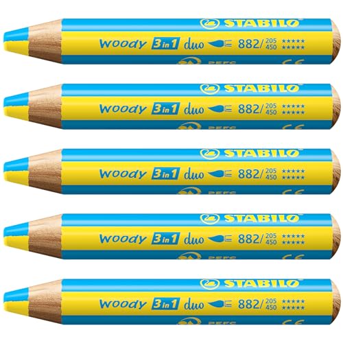 Duo Buntstift, Wasserfarbe & Wachsmalkreide - STABILO woody 3 in 1 duo - zweifarbige Mine - 5er Pack - gelb/cyanblau von STABILO