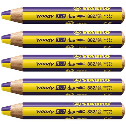Duo Buntstift, Wasserfarbe & Wachsmalkreide - STABILO woody 3 in 1 duo - zweifarbige Mine - 5er Pack - gelb/violett von STABILO