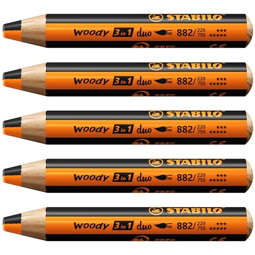 Duo Buntstift, Wasserfarbe & Wachsmalkreide - STABILO woody 3 in 1 duo - zweifarbige Mine - 5er Pack - orange/schwarz von STABILO