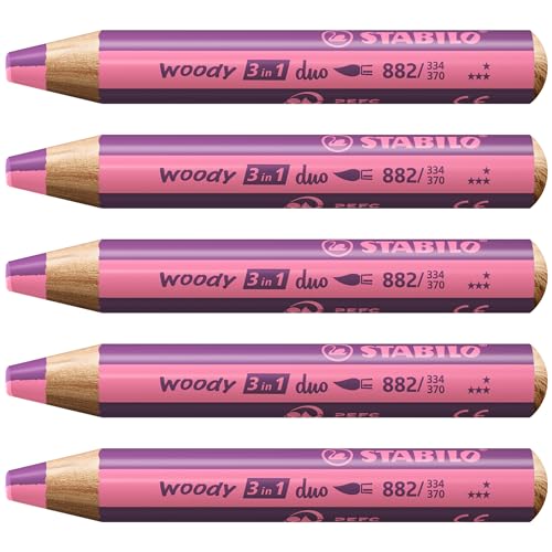Duo Buntstift, Wasserfarbe & Wachsmalkreide - STABILO woody 3 in 1 duo - zweifarbige Mine - 5er Pack - pink/erika von STABILO