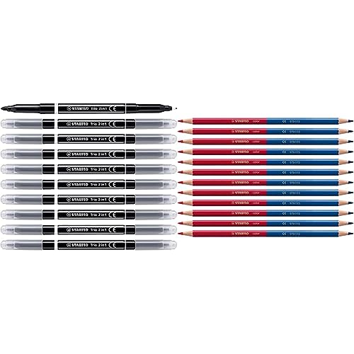 Stifte-Set STABILO Buntstift - color - 12er Pack - zweifarbig, rot und blau & Filzstift und Fineliner in einem - Trio 2 in 1 - 10er Pack - schwarz von STABILO