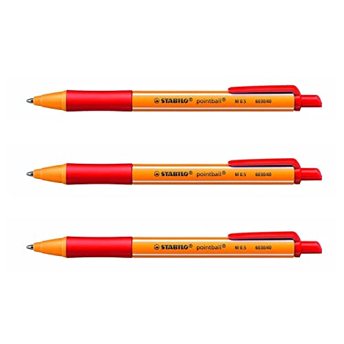 STABILO POINTBALL Kugelschreiber, einziehbar, 0,5 mm, Rot, 3 Stück von STABILO