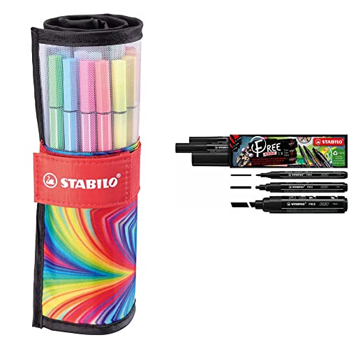 STABILO-Premium-Filzstift-Pen 68-ARTY-25er Rollerset + Acrylmarker-FREE Acrylic-3er Pack-je 1x T100, T300, T800C-mit 3 verschiedenen Spitzen-schwarz von STABILO